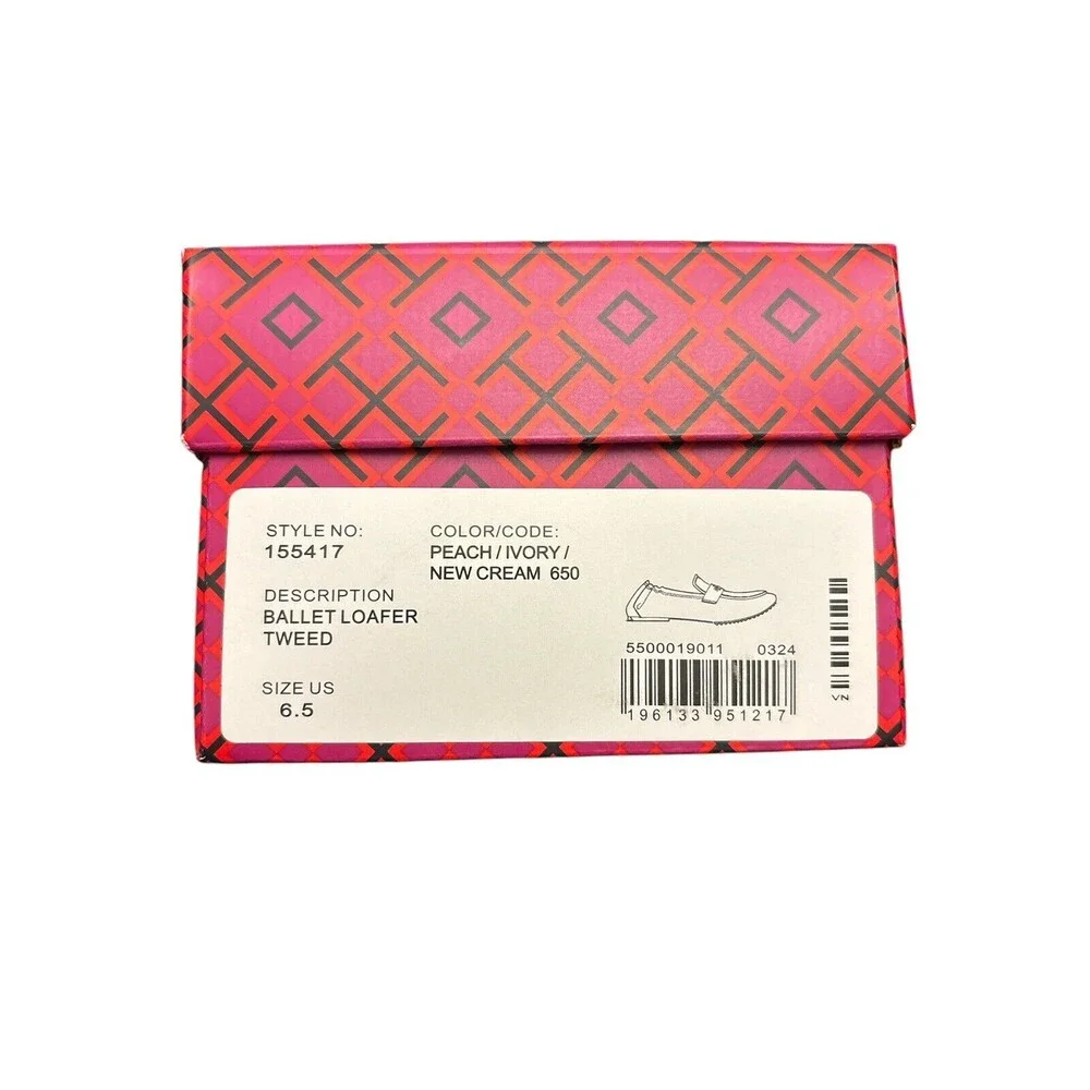 TORY BURCH TWEED BALLET LOAFER PEACH/IVORY/CREAM LEATHER TRIM SZ 6.5 New $348
